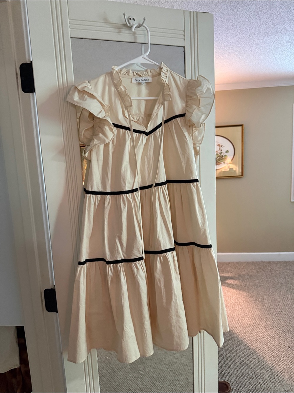 Ruffled Cream Mini Dress with Black Contrast Trim